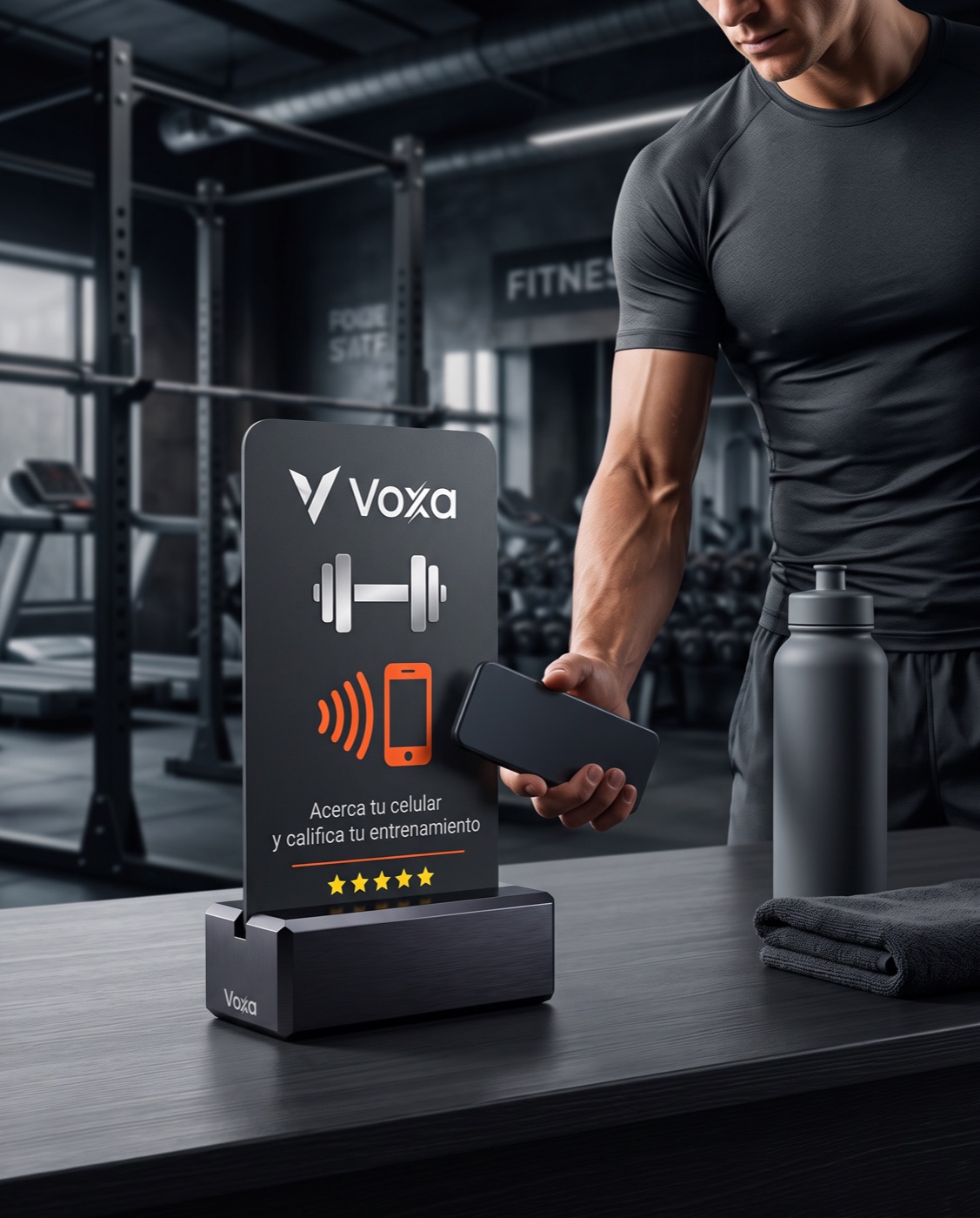 Tarjeta Voxa en la recepción de un gimnasio