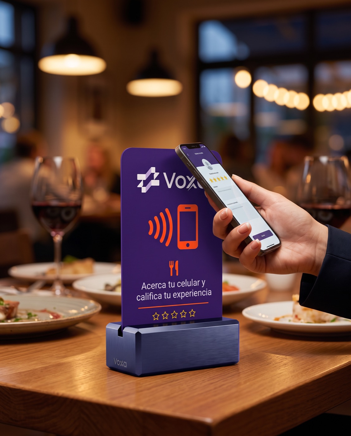 Tarjeta Voxa en la mesa de un restaurante